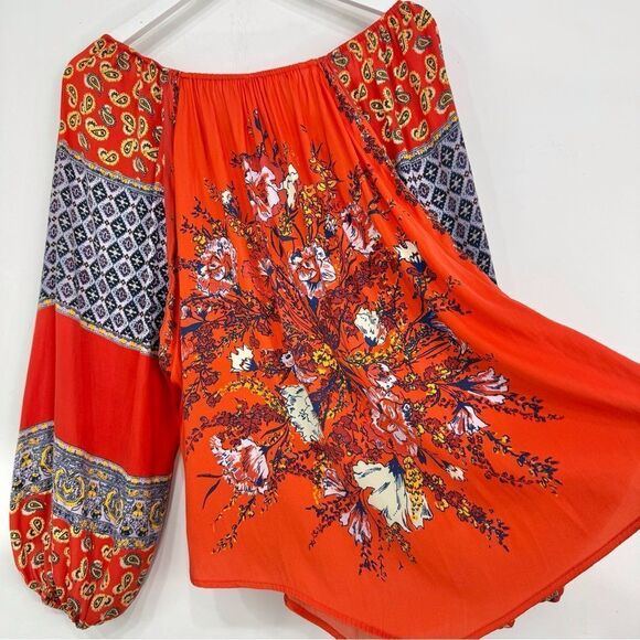 Free People Positano Cherry Combo Printed Flowy Off Shoulder Peasant Blouse - Picture 11 of 16